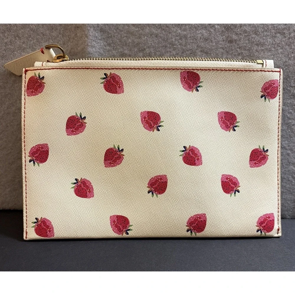 J.Crew Italian Leather Medium Strawberry Print Zippered Pouch, EUC, Summer